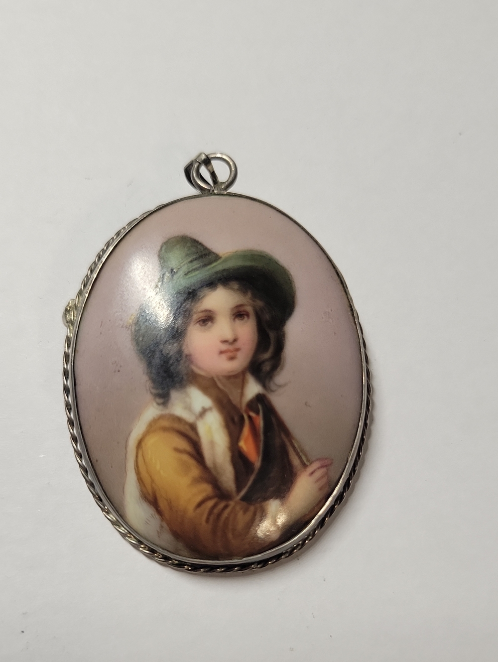 925 Vintage Portrait Enamel Pendant in Pink and Green